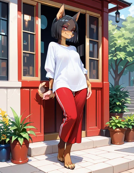 masterpiece, best quality, very aesthetic, absurdres,
outdoors,
full body, standing, posing, 
seductive smile, parted lips, long eyelashes, 
casual, 
<lora:Ophellia_v01_NAIXL:1>
0ph313ia,1girl,solo,furry,furry female,dog girl,black hair,short hair,straight hair,red eyes,snout,animal nose,body fur,dog tail,