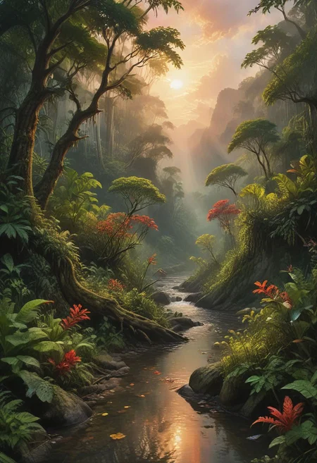 A stunning vista of a lush, untouched tropical rainforest, bathed in the warm, golden light of the setting sun. The sky above is a vivid mix of crimson, orange, and yellow hues, with a few wispy clouds dotting the horizon. In the foreground, a towering tree, adorned with vibrant green leaves and a canopy of delicate, intricate branches, stands tall, its trunk disappearing into the dense undergrowth. A small stream, glistening with reflected light, meanders through the frame, its crystal-clear water cascading over smooth rocks and creating a soothing soundtrack for the scene. Directly behind the tree, the forest gives way to a picturesque river, its glassy surface reflecting the vibrant colors of the sky and the surrounding vegetation. In the distance, a hazy mountain range rises up from the horizon, its peaks shrouded in wispy clouds, their jagged outlines contrasting beautifully with the serene, idyllic landscape before them. This award-winning nature photograph perfectly captures the breathtaking beauty and fragile balance of life in a tropical rainforest ecosystem.