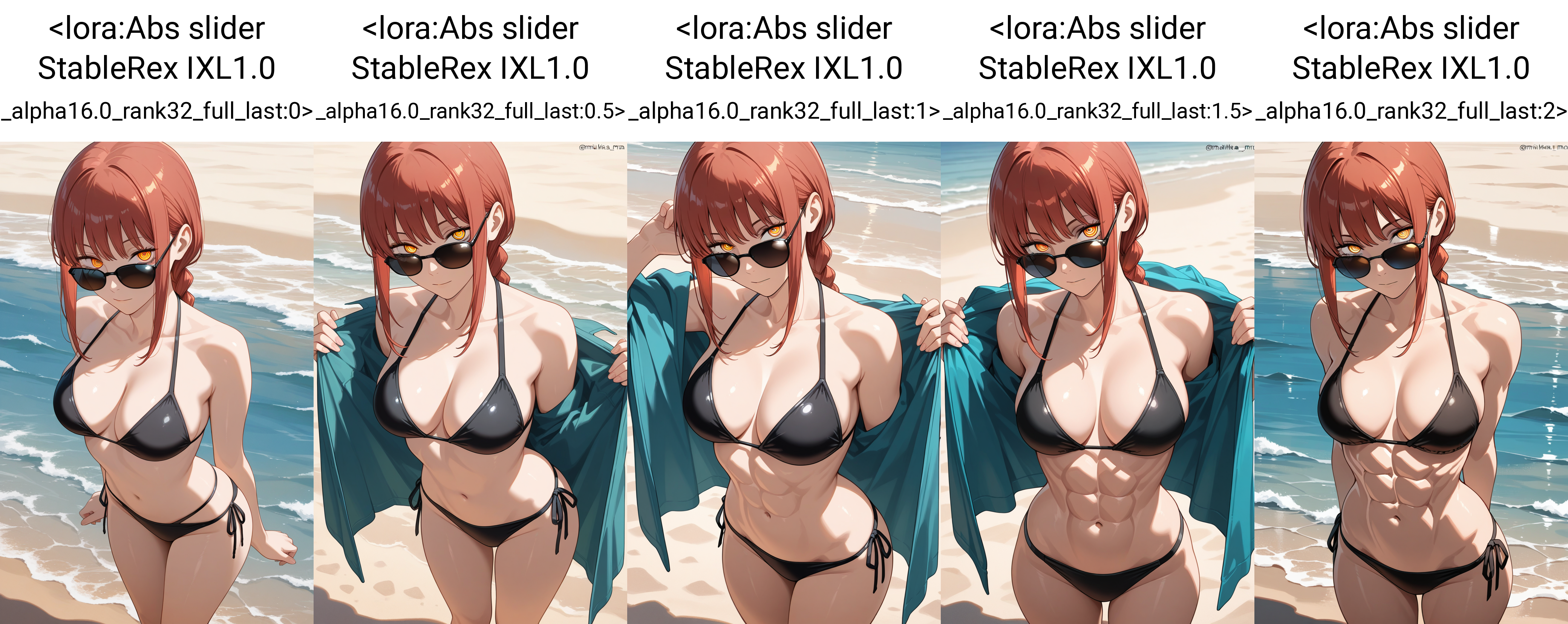masterpiece, best quality, 1girl, solo, standing, bikini, beach, makima \(chainsaw man\), sunglasses, looking at viewer,  <lora:Abs slider StableRex IXL1.0 _alpha16.0_rank32_full_last:0>