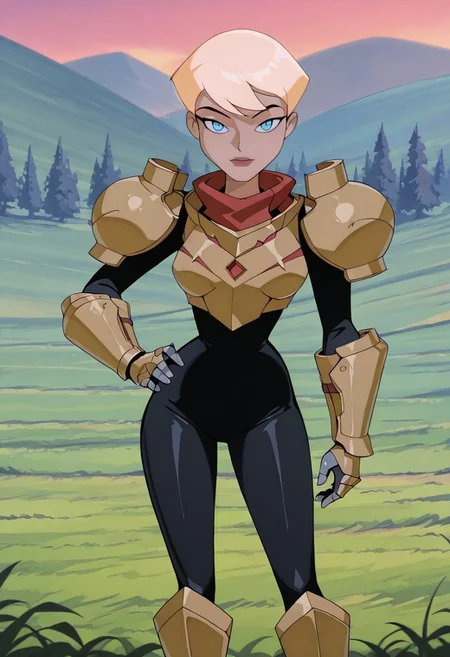 (((chelsea, 1girl, blue eyes, blonde hair, short hair))), (((half shot))), solo, standing, looking at viewer, hand on hip, green meadow, outdoors, (armarouge's armor, pauldrons, scarf, gauntlets, black bodysuit), looking at viewer