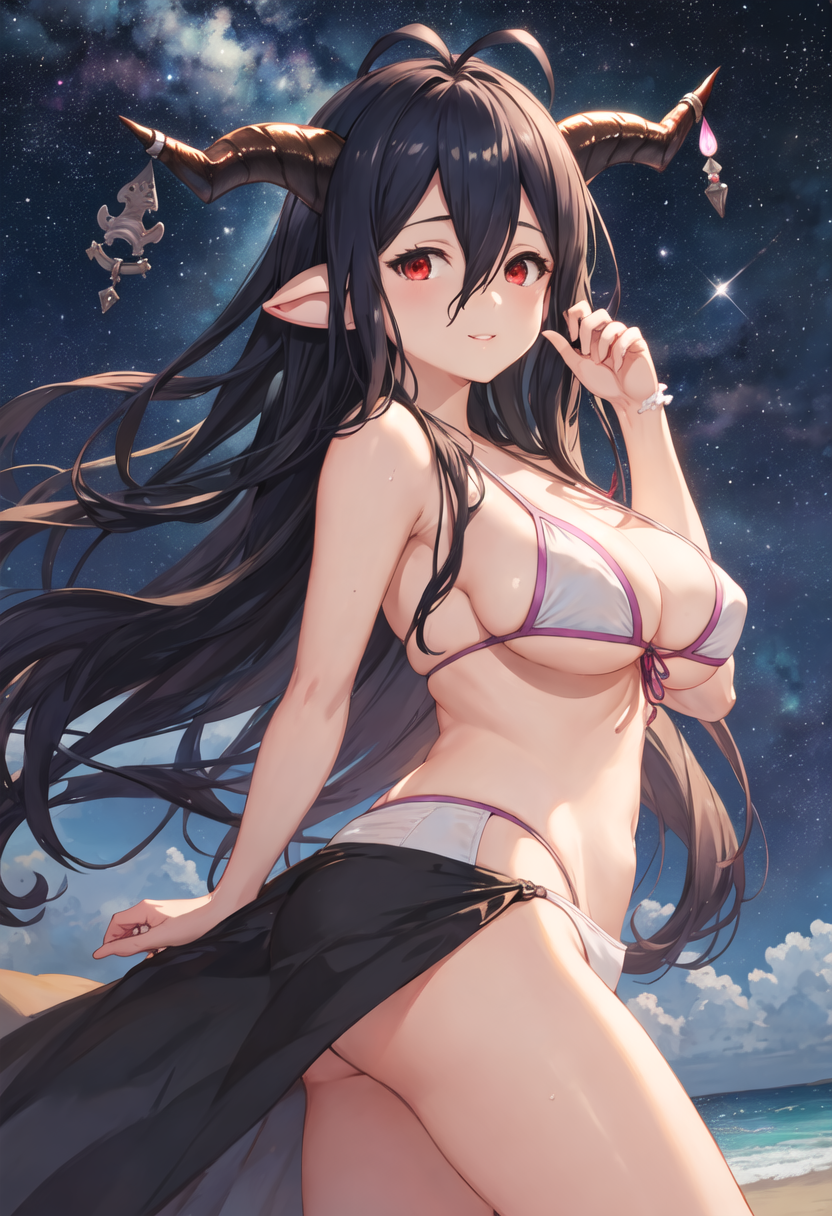 best quality, masterpiece, highres, solo, {danua_granbluefantasy:0.90}, {night:1.10}, {starry sky:1.10}, beach, beautiful detailed sky, {extremely detailed background:1.20}, {standing:1.10}, looking at viewer, {bikini:1.30}, light smile