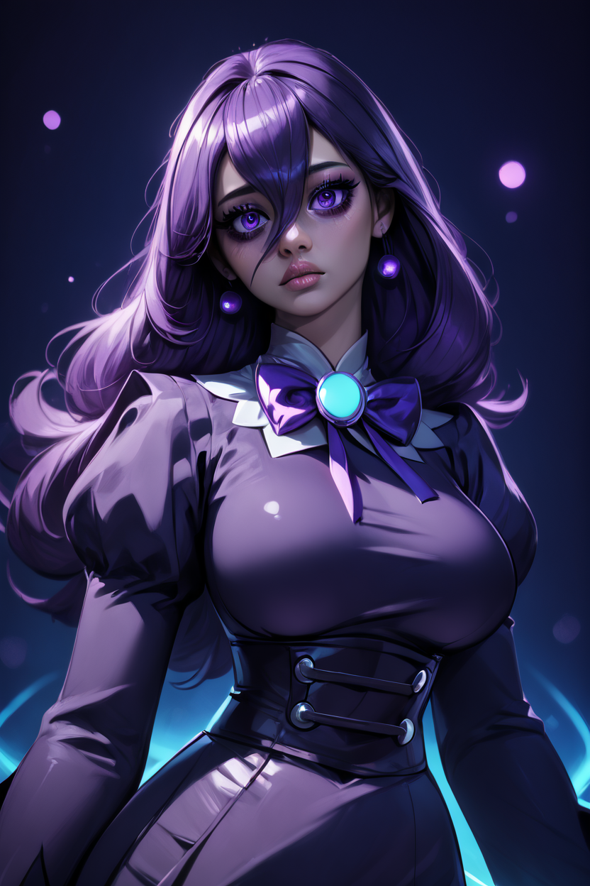 score_9, score_8_up, score_8, medium breasts, (curvy), cute, eyelashes,      ,,,    zzHexyZA, purple eyes, bags under eyes, hair between eyes, long hair, purple hair,   long sleeves, bow, jewelry, black dress, purple dress, black pantyhose, juliet sleeves, purple bow, purple bowtie,   ,<lora:HexManiacPokemonZA_PDXL:1.0>,  ,,,  BREAK,  (ultra realistic,32k, masterpiece:1.2),(high detailed skin:1.1),( high quality:1.1), head tilt, lips, closed mouth, shiny clothes, (upper body), looking at viewer, bokeh, luminescent background, ,,, embedding:zPDXL, Expressiveh, ,,, <lora:RlAnmPDXL:1.0>,