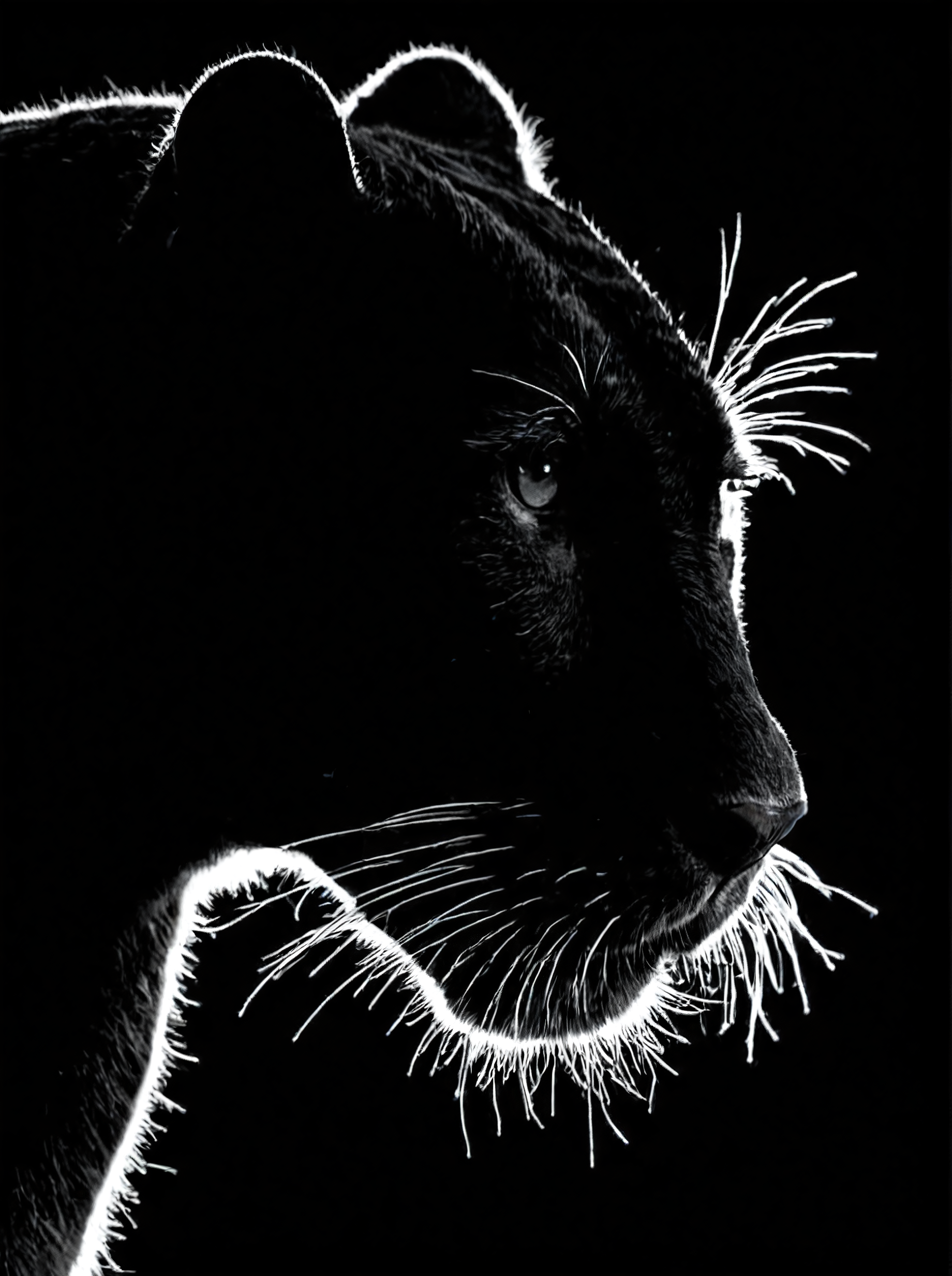 Close up of a panther, high contrast, black and white, backlit, silhouette, black background, backlight