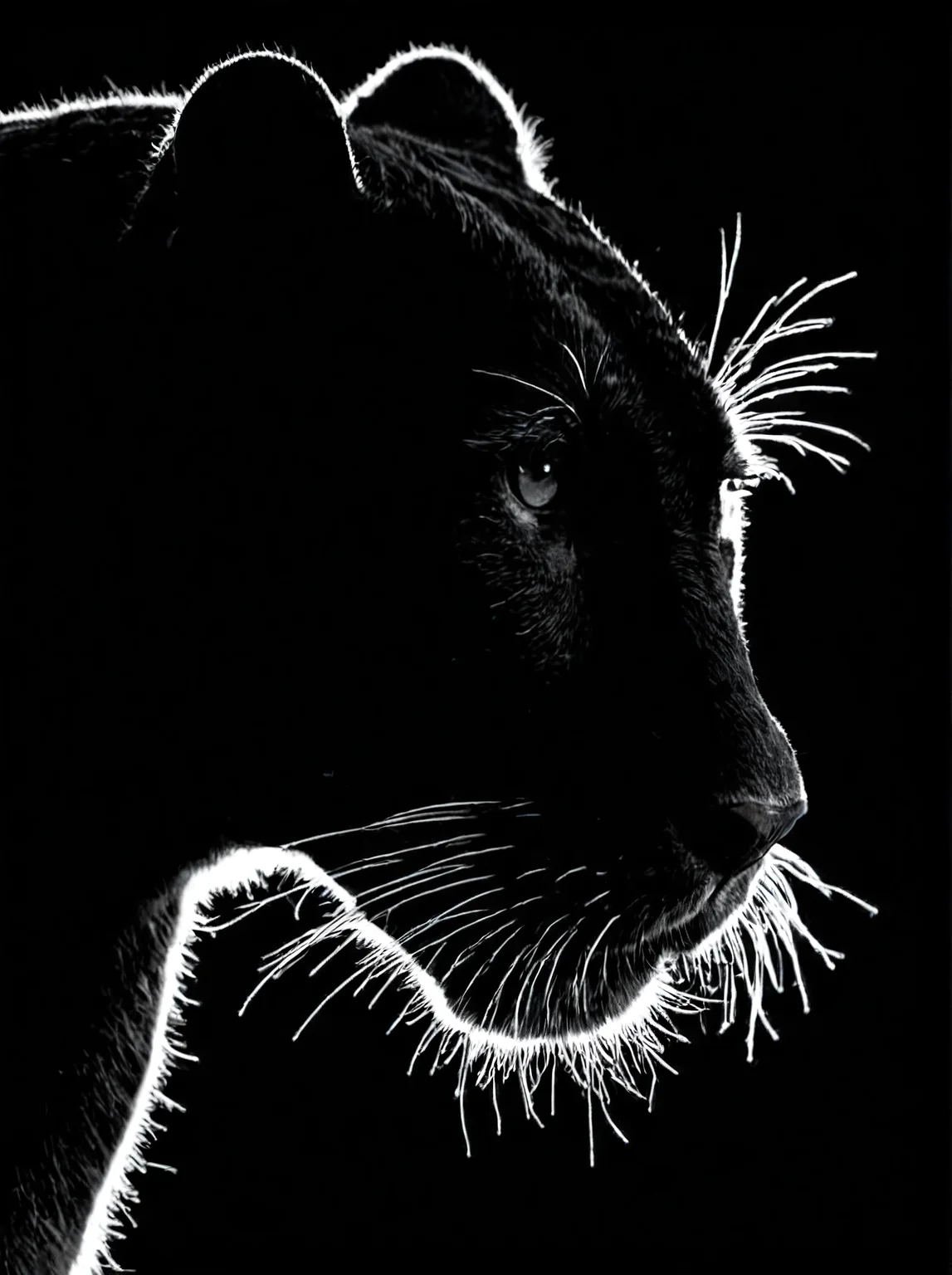 Close up of a panther, high contrast, black and white, backlit, silhouette, black background, backlight