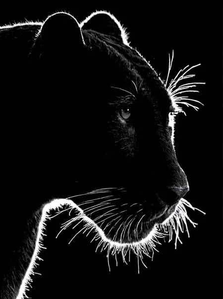 Close up of a panther, high contrast, black and white, backlit, silhouette, black background, backlight
