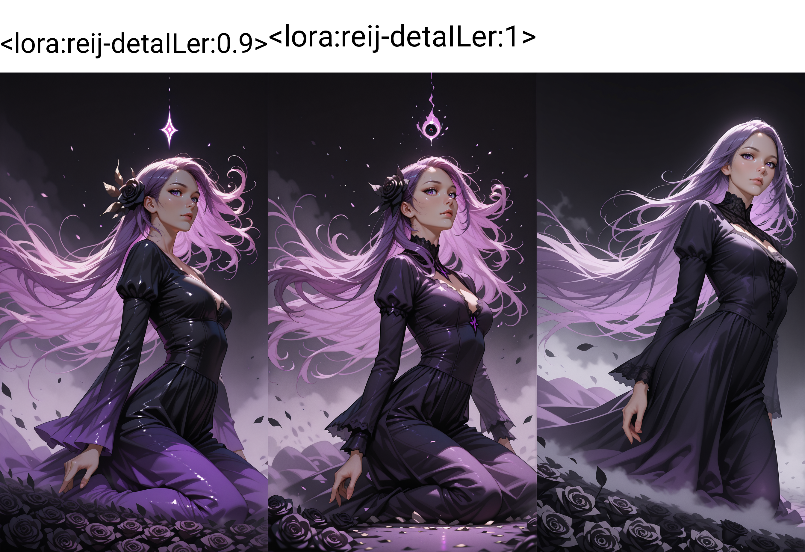 <lora:reij-detaILer:0.9>, sideview, portrait, fujifilm xt, realistic, dynamic angle, masterpiece, best quality, 8k, realistic, beautiful, surrounded by black roses leaves, high-resolution, realistic, portrait, a woman, extreme long hair, elemental, floating, dress is swirling in the wind, black background, black and purple neon grading, ranks, roses, shadows, dynamic, face focus, fog, eyelashes, looking at viewer, hip level shot, magical, kneeling, msysterious,