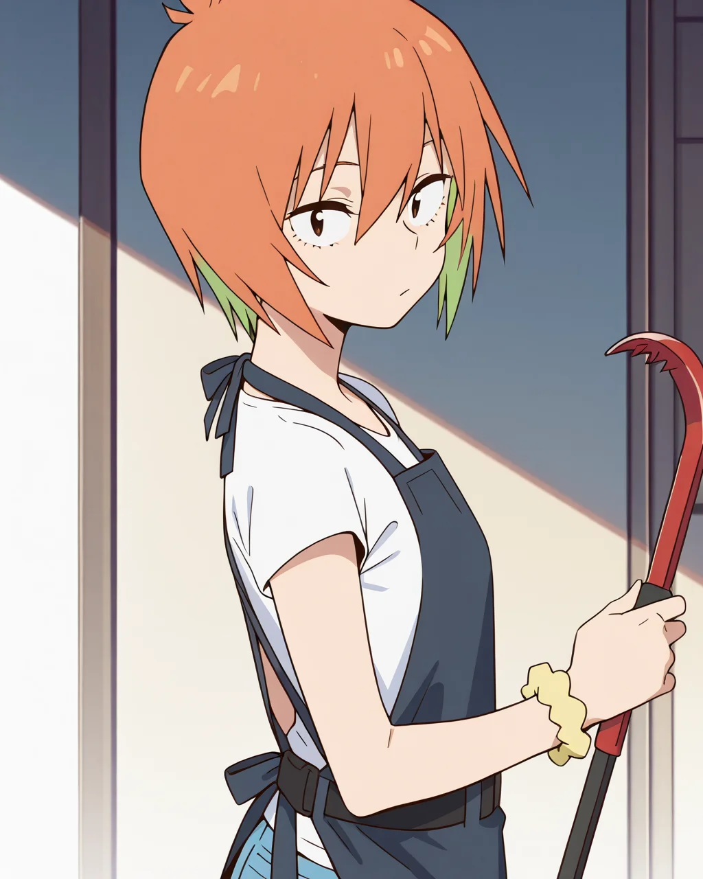 (masterpiece:1.4), (best quality:1.4),  very aesthetic,best quality, amazing quality, absurdres,
yasaku_rei, orange hair, 1girl, solo, short hair, , multicolored hair,
white shirt, jeans,short sleeve, ,denim pants, wrist scrunchie, belt, hair between eyes, t-shirt, brown eyes,bangs, 
apron
 <lora:yasaku_rei:1>
standing,holding Crowbar,looking at viewer,upper body,from side,