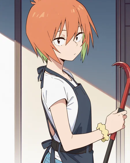(masterpiece:1.4), (best quality:1.4),  very aesthetic,best quality, amazing quality, absurdres,
yasaku_rei, orange hair, 1girl, solo, short hair, , multicolored hair,
white shirt, jeans,short sleeve, ,denim pants, wrist scrunchie, belt, hair between eyes, t-shirt, brown eyes,bangs, 
apron
 <lora:yasaku_rei:1>
standing,holding Crowbar,looking at viewer,upper body,from side,