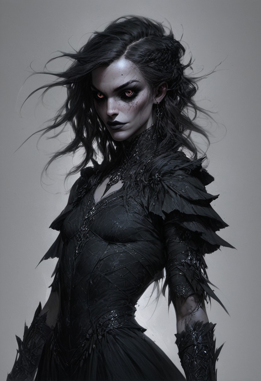 score_9, score_8_up, score_7_up, score_6_up, beautiful female, concept art, realistic,
Illustration of a cute goth girl, long black neckholder dress with deep neckline, small breasts, (freckles:0.0) strong face, fantasy, detailed eyes, dark eyes, 
cowboy shot,