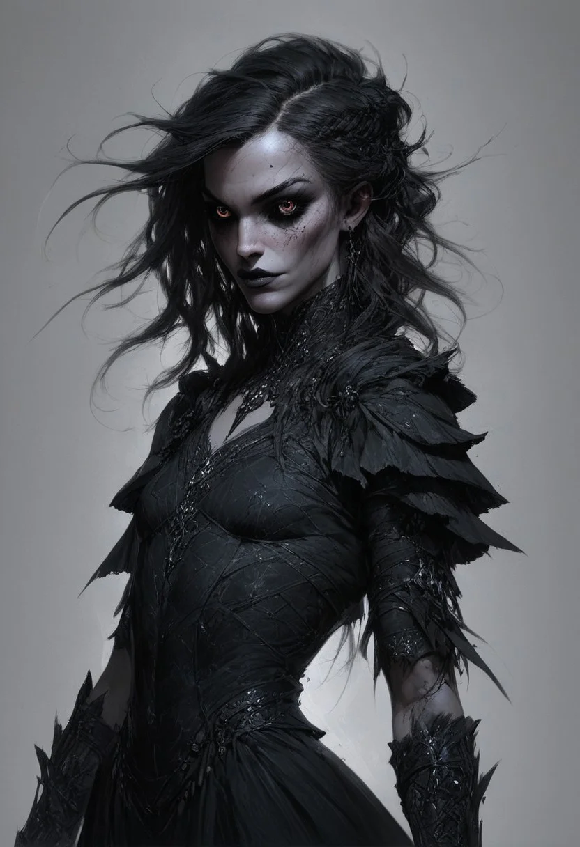 score_9, score_8_up, score_7_up, score_6_up, beautiful female, concept art, realistic,
Illustration of a cute goth girl, long black neckholder dress with deep neckline, small breasts, (freckles:0.0) strong face, fantasy, detailed eyes, dark eyes,
cowboy shot,