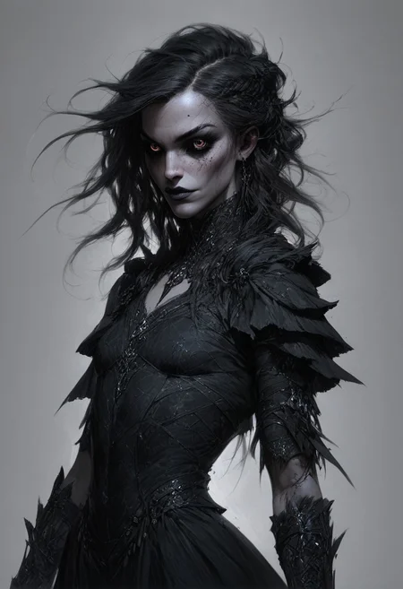 score_9, score_8_up, score_7_up, score_6_up, beautiful female, concept art, realistic,
Illustration of a cute goth girl, long black neckholder dress with deep neckline, small breasts, (freckles:0.0) strong face, fantasy, detailed eyes, dark eyes, 
cowboy shot,