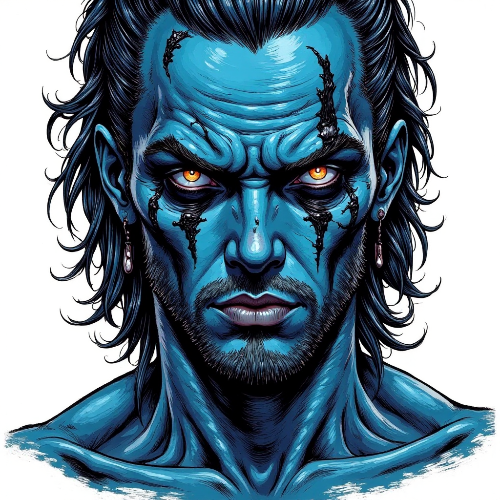 babel-pencil,A spectral figure with rich, deep blue skin, every pore and crease vivid against a stark, blinding white background, stares forward with intensity, his expression a mix of sorrow and silent fury. His eyes are an intense silver, reflecting like mirrors and capturing every flicker of light, set deeply under a prominent brow. Fine cracks run across his cheeks, glowing faintly with a golden hue, and his hair falls in inky, slick strands, sharp and defined against the background. His lips are painted black, matching the twin jet-black lines drawn vertically over each eye, adding a ceremonial air to his expression, as if he is part of some unholy rite. The contrast between the vivid red of his skin and the stark white background makes every detail of his face almost painfully clear, creating an unforgettable, powerful image., in style of comic book,,