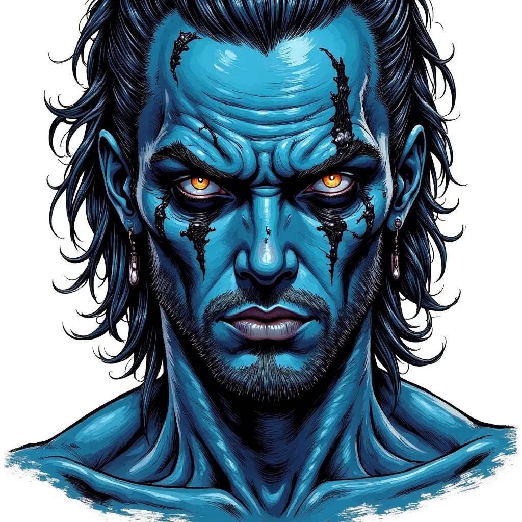 babel-pencil,A spectral figure with rich, deep blue skin, every pore and crease vivid against a stark, blinding white background, stares forward with intensity, his expression a mix of sorrow and silent fury. His eyes are an intense silver, reflecting like mirrors and capturing every flicker of light, set deeply under a prominent brow. Fine cracks run across his cheeks, glowing faintly with a golden hue, and his hair falls in inky, slick strands, sharp and defined against the background. His lips are painted black, matching the twin jet-black lines drawn vertically over each eye, adding a ceremonial air to his expression, as if he is part of some unholy rite. The contrast between the vivid red of his skin and the stark white background makes every detail of his face almost painfully clear, creating an unforgettable, powerful image., in style of comic book,,