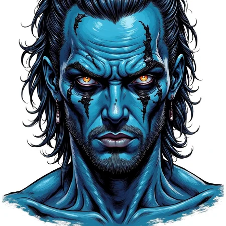 babel-pencil,A spectral figure with rich, deep blue skin, every pore and crease vivid against a stark, blinding white background, stares forward with intensity, his expression a mix of sorrow and silent fury. His eyes are an intense silver, reflecting like mirrors and capturing every flicker of light, set deeply under a prominent brow. Fine cracks run across his cheeks, glowing faintly with a golden hue, and his hair falls in inky, slick strands, sharp and defined against the background. His lips are painted black, matching the twin jet-black lines drawn vertically over each eye, adding a ceremonial air to his expression, as if he is part of some unholy rite. The contrast between the vivid red of his skin and the stark white background makes every detail of his face almost painfully clear, creating an unforgettable, powerful image., in style of comic book,,