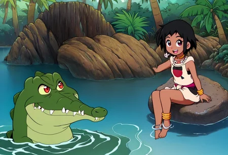 Tick tock crocodile,male animal focus,tail, crocodile , crocodile mouth open,smile ,green skin, blue eyes, Tick Tock the crocodile is giant and very huge size,teeth, crocodile swimming and submerged in the water,Tick Tock the crocodile looking Choi_mochimazzi,Choi_mochimazzi an anime girl, 1girl, looking at viewer, smile, short hair, Choi_mochimazzi sitting down on the crocodile belly,Choi_mochimazzi IS her very little size. Base - choim, short hair, black hair, red eyes, dark-skinned female,purple eyes, Base Outfit - dress, jewelry, dark skin, necklace, bracelet, wristband, neck ring, anklet, barefoot,river,palm trees, jungle, tropical _island,village, temple,Disney, waterfall,retro_anime, manga,tamako_market