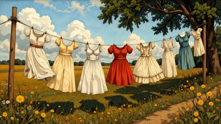 Renaissance painting. Ground level wide angle view. Victorian theme. vintage dresses on a washing line, windy, sunny. Intricate white and crimson and white naturalistic details. Overall, the scene is Pre-Raphaelite and is very detailed. Dramatic lighting illuminates the scene from the front. <lora:Charcoal01d_CE_FLUX_AIT:0.6> <lora:Paper_Marbling_Flux:0.5> <lora:아름답고_우아한_r1:0.6> <lora:midjourney_whisper_chromaplex_v1:0.6>