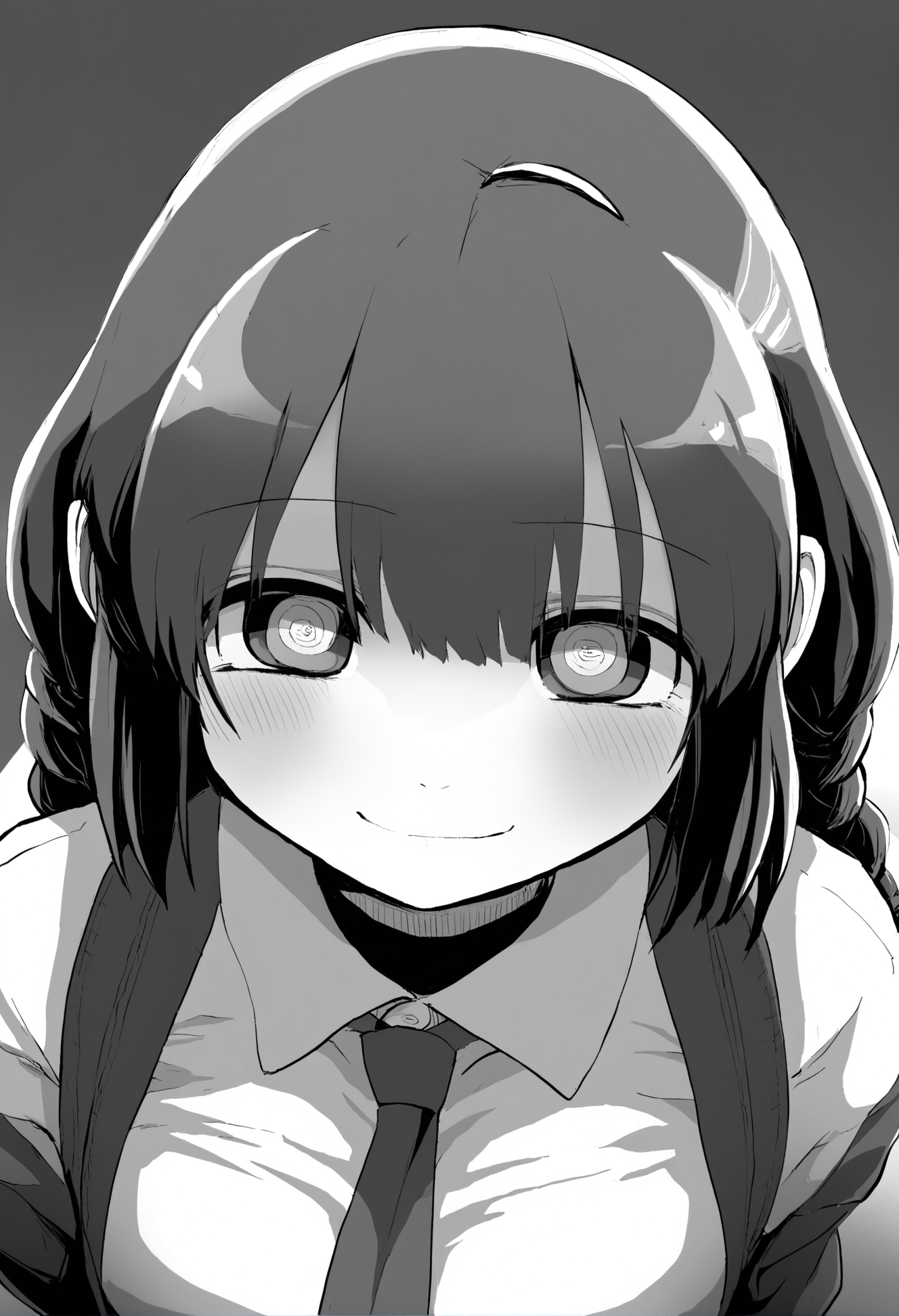 masterpiece, hyper detailed, best quality,(furry:1.3),1girl, makima \(chainsaw man\), greyscale, monochrome, solo, ringed eyes, looking at viewer, braided ponytail, braid, shirt, simple background, bangs, collared shirt, white background, smile, sidelocks, medium hair, light smile, closed mouth  ,<lora:DAGASIXLlokr8f-000188:0.95>