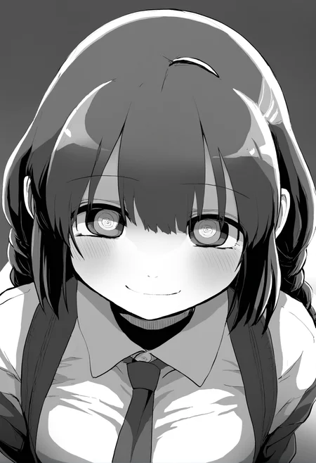 masterpiece, hyper detailed, best quality,(furry:1.3),1girl, makima \(chainsaw man\), greyscale, monochrome, solo, ringed eyes, looking at viewer, braided ponytail, braid, shirt, simple background, bangs, collared shirt, white background, smile, sidelocks, medium hair, light smile, closed mouth ,<lora:DAGASIXLlokr8f-000188:0.95>