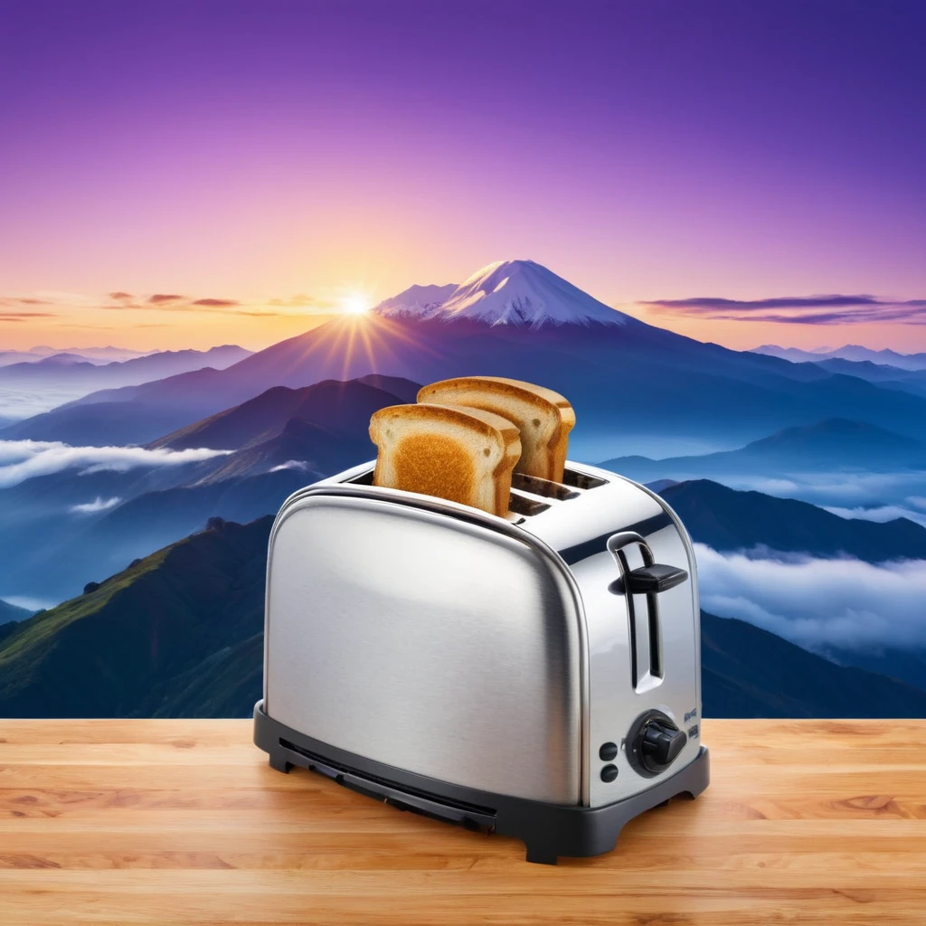 (toaster showcase) <lora:48_toaster_showcase:1.1>
Purple background,
high quality, professional, highres, amazing, dramatic,
(Mountain peak and sunrise over clouds:0.5),