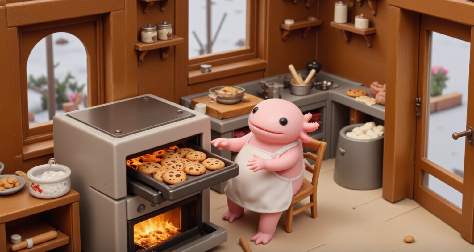 axolotl, isometric view, close-up of a pink axolotl seated in a warm, wood-paneled kitchen, dressed in a little apron and pulling a tray of freshly baked chocolate chip cookies out of a miniature oven; its round black eyes shine with pride, and its frilly gills perk up as the rich aroma fills the room; nearby, small jars of flour and sugar, rolling pins, and bowls of cookie dough add detail, while the tilt-shift effect softly blurs the kitchenâs shelves and window view of a frosty garden, creating a nostalgic, homey scene<lora:isometric.safetensors:1.0:1.0> <lora:Axomodel_Flux_V2.safetensors:1:1>
