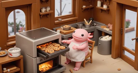 axolotl, isometric view, close-up of a pink axolotl seated in a warm, wood-paneled kitchen, dressed in a little apron and pulling a tray of freshly baked chocolate chip cookies out of a miniature oven; its round black eyes shine with pride, and its frilly gills perk up as the rich aroma fills the room; nearby, small jars of flour and sugar, rolling pins, and bowls of cookie dough add detail, while the tilt-shift effect softly blurs the kitchenâs shelves and window view of a frosty garden, creating a nostalgic, homey scene<lora:isometric.safetensors:1.0:1.0> <lora:Axomodel_Flux_V2.safetensors:1:1>