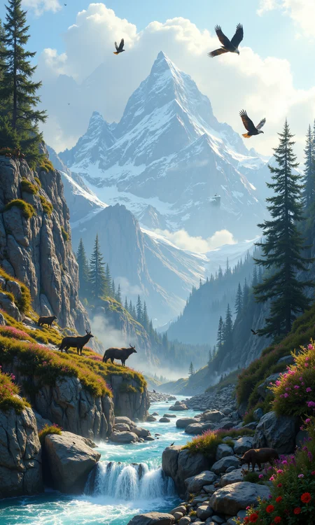 Ethereal mountain mist, majestic golden eagles soaring through wispy clouds, intricate feather details. Rugged alpine peaks, snow-capped summits bathed in soft dawn light. Vibrant wildflowers dotting rocky ledges, delicate petals swaying in gentle breeze. Hidden mountain goats perched on precarious cliffs, sure-footed and watchful. Crystal-clear mountain stream cascading over moss-covered boulders, playful otters frolicking in icy pools. Towering pine trees, bark texture richly detailed, providing sanctuary for chattering squirrels and roosting owls. Distant wolf pack silhouette against pastel sky. Atmospheric depth, layered ridges fading into misty horizon. 8k resolution, hyperrealistic textures, cinematic lighting, award-winning nature photography style. <lora:Hand v2:0.4> <lora:FluxMythR3alisticF:0.8> <lora:It's a LoRA for portraits, BUT! actually specialized in backgrounds. v1.0:0.2> <lora:flux_dev:1>