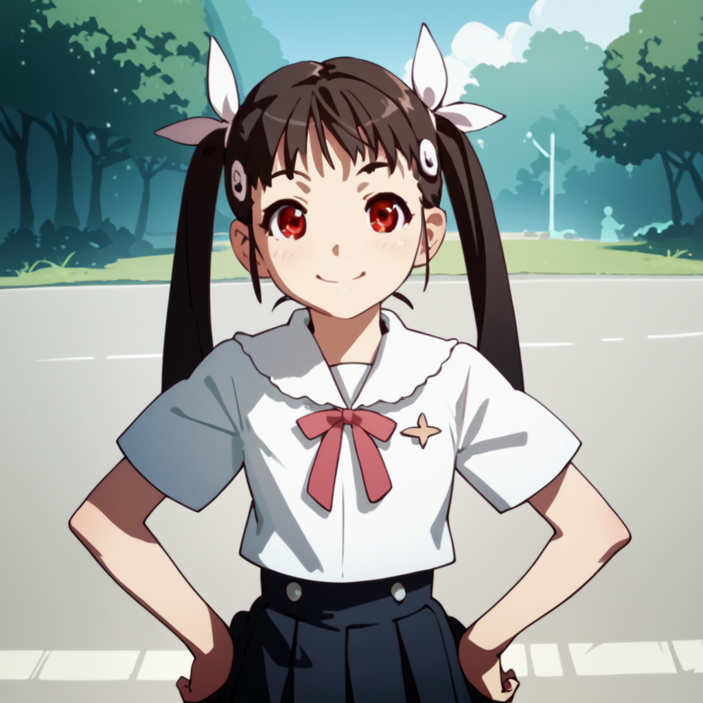 score_9, score_8_up, score_7_up, score_6_up, score_5_up, score_4_up, source_anime, , Mayoi, long hair, black hair, red eyes, twintails, school uniform, , soft smile, standing, hands on hips