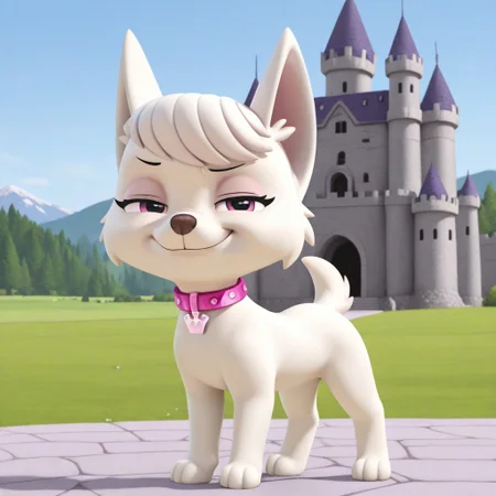 Sweetie(PP), solo, 1girl, feral, dog, dog girl, West Highland White Terrier, white fur, bangs, pointed dog ears, dog tail, short tail, pink eyes, pink collar, crown shaped dog tag, full body, looking at viewer, standing, smile, eyes half closed, smug expression, outdoors, castle setting,