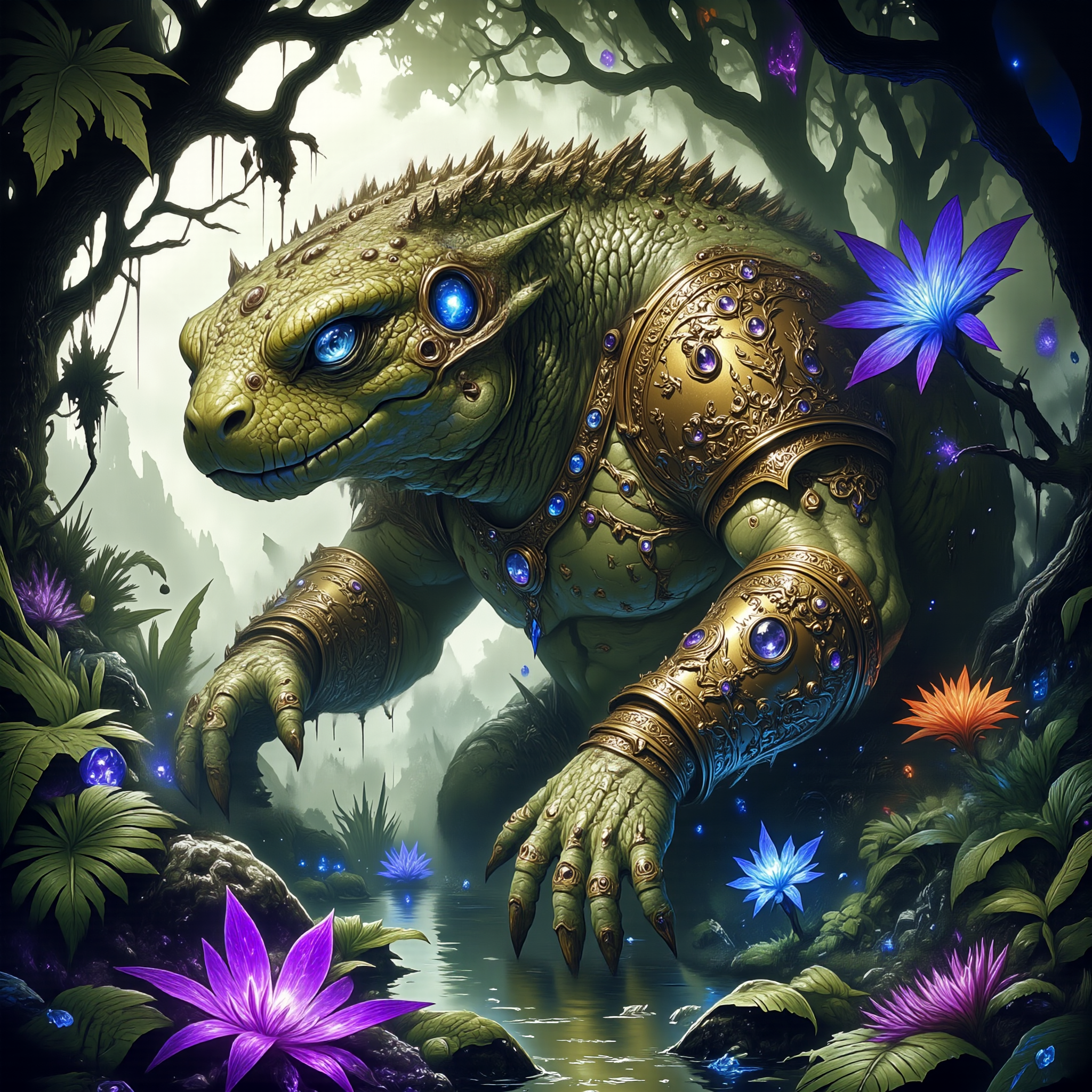 highly detailed, intricate, detailed background, famous artwork inspired by (jesper ejsing:1.2) and (mark tedin:1.2) and (jesper ejsing:1.3), (fractal art:0.4), tranquil, phantasmagorial scenery, the "splendid pondvurbler", a disturbingly quadderbonused bog-dwelling reptilian abomination with a gizzled hide decorated with hypnotic patterns, they hunt crunfocatedly among (the flarbifying colorful hypnobromeliads:1.3) and the (otherworldly:1.2) wergled flora of the (wondrous swamps:1.3) suspended in the mysterious ethereal mists of their (phantasmagorial:1.3) habitat on planet "carefuleverythingwantstoeatyouhere", golden ratio, in the style of ck-ovf, amanoer, arsmjstyle, dnddarkestfantasy, aidmamj6.1, 
<lora:style-oneviolentfantasy-ep21-flux-by_chronoknight:0.48> 
<lora:style-yoshitaka_amano-elden_ring-flux-by_alicient:0.68> 
<lora:style-dnd_dark_fantasy-flux-by_arsmachina:0.96> 
<lora:midjourney_61-v0.4-flux-by_aidma:0.76> 
<lora:faetastic_details-flux-by_faeia:0.44>