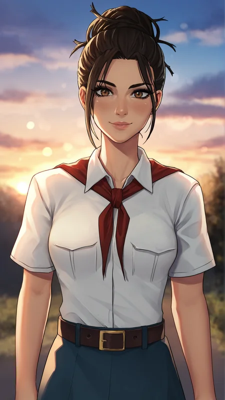 score_9, score_8_up, score_7_up,
best quality, masterpiece, ultra detailed,
looking at the viewer, looking at the camera,
portrait,
light smile, blush,
panam palmer, brown eyes,
black eyeliner cat eye,
pink lips,
white collared shirt, short sleeves, red neckerchief, neckerchief, belt, blue skirt,
sunset, warm light, cozy, sky, clouds,
amazing background, outdoors,
bokeh, blurry, blurry background,
<lora:Everlasting_Summer_Vanilla_Art_Style_by_GraffMetal:1>,