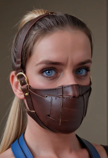 multi-layered brown leather muzzle gag, (thick leather straps and buckles), wearing gag, gagged, g4g, woman, (ponytail), detailed face, looking at viewer, blue eyes