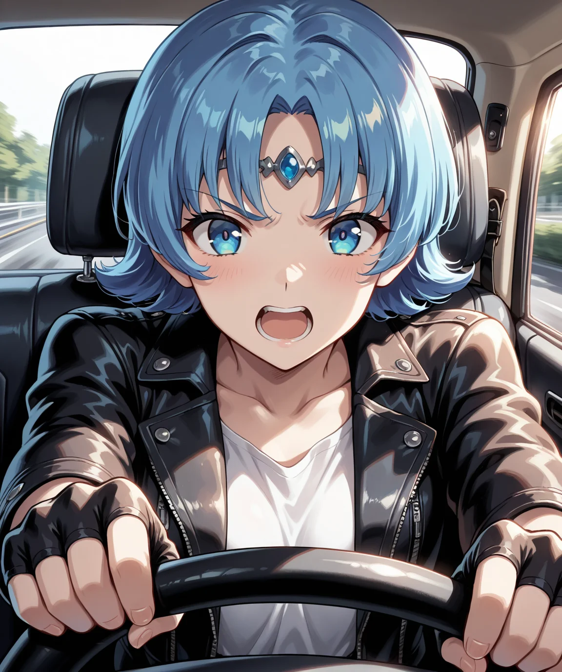 masterpiece, best quality, amazing quality, very aesthetic, ultra detail, clear line, solo, <lora:ecrua_v1:0.8>, ecrua, blue eyes, short hair, blue hair, Leather jacket, white shirt, fingerless gloves, angry, happy, open mouth, upper body, holding handle, driving, front view, inside the car, driver's seat, <lora:LECO_BadHands:1.2>, <lora:LECO_GoodHands:-1.2>, <lora:cfg_scale_boost:0.7>