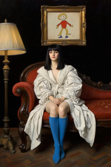 edwinabbey1 painting.
A woman seated on an antique, dark wooden chaise longue. The woman has black, straight hair styled in a bob. She is dressed in a white, oversized coat with voluminous sleeves that are tied in a dramatic, asymmetrical knot. Her outfit is complemented by bright, vivid blue, knee-high socks. She is seated with her legs crossed. The background is a deep, dark black. To her left, there is a tall, ornate lamp with a beige, pleated shade. Above her, on the dark wall, hangs a classical painting--except, instead of a traditional scene, it is a crayon drawing, done by a child. The crayon drawing features a simple stick figure with a round head, straight lines for arms and legs, and a big smile. The drawing is childishly colorful, with bright red for the body, yellow for the hair, and blue for the shoes. The figure's eyes are represented by two large dots and the smile by a curved line
<lora:edwinabbey1_cap_d6a3:1.0><lora:837015897081231518:0>
