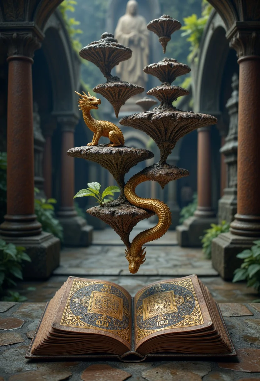 A book bound in stitched-together dragon scales lies untouched at the heart of a gravity-defying temple, its pages eternally turning despite the absence of wind. Suspended islands float above, their surfaces carved with golden runes that rearrange themselves in complex sequences, creating a puzzle that has never been solved. The book’s cover occasionally shifts in texture, mimicking the movement of a breathing creature, as though the knowledge contained within is alive and restless.
, aidmamjv7, aidmaHyperrealism, aidmaimageupgrader