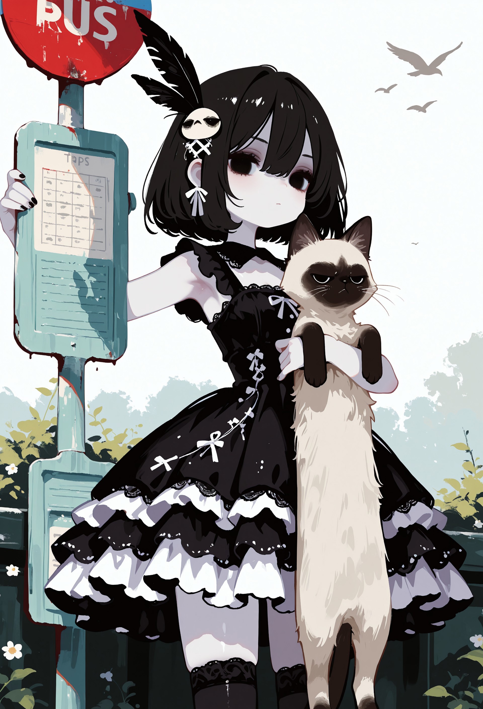 masterpiece,  best quality, good quality, very awa,  very aesthetic, absurdres, newest, painterly,  1girl, solo, black hair, bob cut, hair between eyes, feather hair ornament, black eyes, solid eyes, expressionless, pale skin, goth fashion, frilled dress, square neckline, lace trim, thighhighs, zettai_ryouiki, nail polish, holding cat, armpit_carry, long cat, Siamese cat, grumpy cat, longcat \(meme\), solo, looking at viewer, cowboy shot, outdoors, bus stop, bird, scenery, no lineart, no outline, UjVL, painting \(medium\)