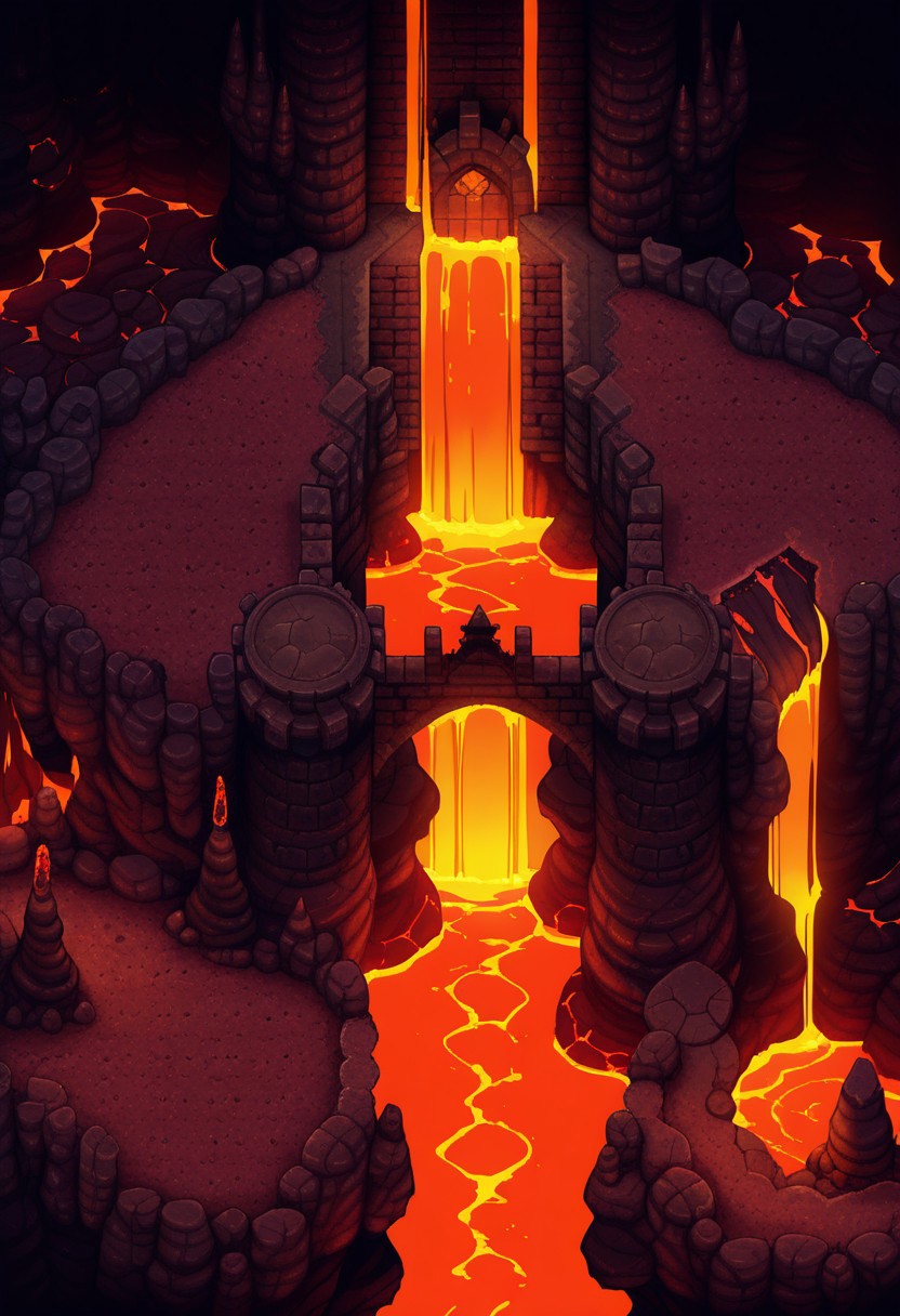 AMAZING QUALITY, MASTERPIECE, PARADOX PARALLAX, SCENERY, FROM ABOVE, VOLCANO, MOLTEN, LAVA, CASTLE,