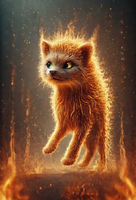 {{best quality}}, {{amazing quality}}, {{very aesthetic}}, best quality, very aesthetic, absurdres, blurry background, , best quality, amazing quality, very aesthetic, absurdres, Rastex, cat, fiery paws, orange fur, walking, flames on paws, grey background