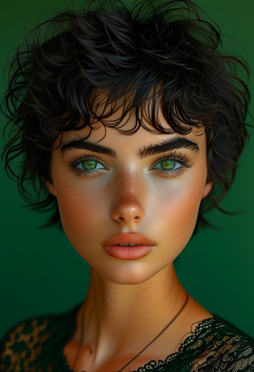 Realistic photo, ultra-realistic photo, RAW photo, high res., high quality, masterpiece, bellissima, full body view, 19-year-old girl (19yo), Italian, short black hair, tousled hair, green eyes, perfect eyes, detailed eyes, photorealistic eyes, serious facial expression, dark green lace top, shiny skin, perfect skin texture, intricate details, detailed face, detailed eyes, super-detailer-bsy, detailed skin, detailed hair, ultra-detailed, sexiness enhancer
