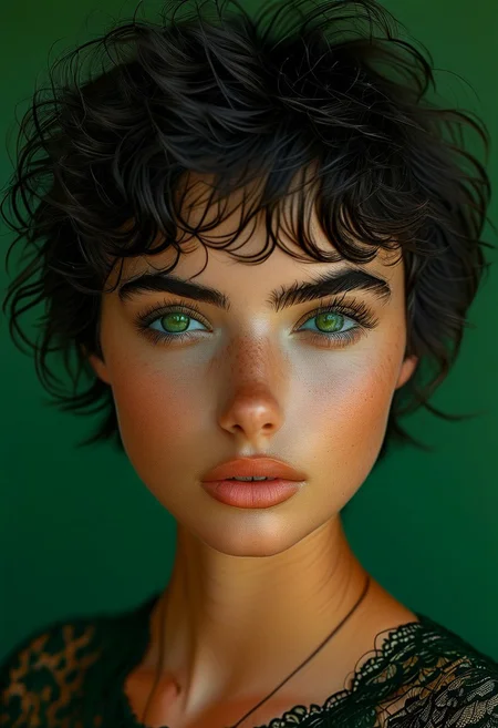 Realistic photo, ultra-realistic photo, RAW photo, high res., high quality, masterpiece, bellissima, full body view, 19-year-old girl (19yo), Italian, short black hair, tousled hair, green eyes, perfect eyes, detailed eyes, photorealistic eyes, serious facial expression, dark green lace top, shiny skin, perfect skin texture, intricate details, detailed face, detailed eyes, super-detailer-bsy, detailed skin, detailed hair, ultra-detailed, sexiness enhancer