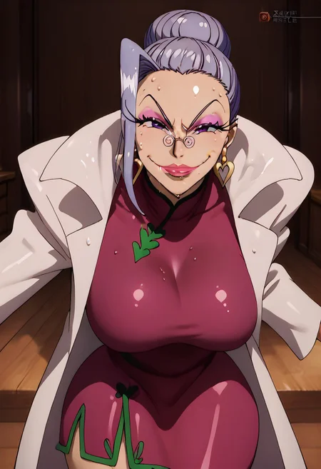 score_9, score_8_up, score_8, anime style, source_anime,
BREAK,
solo, beautiful mature female, gilf, voluptuous, curvy, looking at viewer, ultra realistic, masterpiece, high detailed skin, Nightin,mature female,1girl,solo,earrings,glasses,lipstick,makeup,purple eyes,purple hair,large breasts,dress,labcoat,
sweaty, wet hair, big butt, big ass, dynamic pose, cowboy shot,
indoors, seductive smile, sultry,
1girl, sagging breast, close-up, sexy pose, , milf, mature female, cleavage, leaning forward
, pureerosface_v1, Expressiveh, intricate_details_xl,