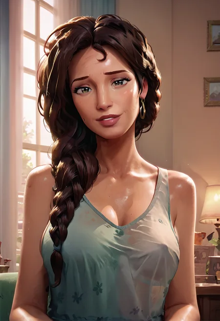 score_9, score_8_up, score_7_up, masterpiece, 1woman, ri0_m0rales, beautiful woman, milf, solo, long hair, beautiful skin, detailed skin, loose extremely thin tank top, extremely beautiful woman, Seductive woman, sensual