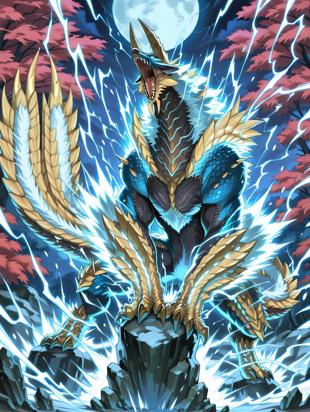 no humans,open mouth,electricity,sharp teeth,solo,rock,glowing,spikes,lightning,glowing eyes,full body,1other,zinogre,cyan dragon,barking,fighting stance,
masterpiece,best quality,amazing quality,very aesthetic,absurdres,newest,<lora:Zinogre Armor illuXL v1.4:0.85>,red tree,moon,nature,night,