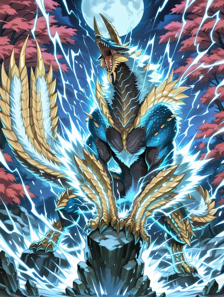no humans,open mouth,electricity,sharp teeth,solo,rock,glowing,spikes,lightning,glowing eyes,full body,1other,zinogre,cyan dragon,barking,fighting stance,
masterpiece,best quality,amazing quality,very aesthetic,absurdres,newest,<lora:Zinogre Armor illuXL v1.4:0.85>,red tree,moon,nature,night,