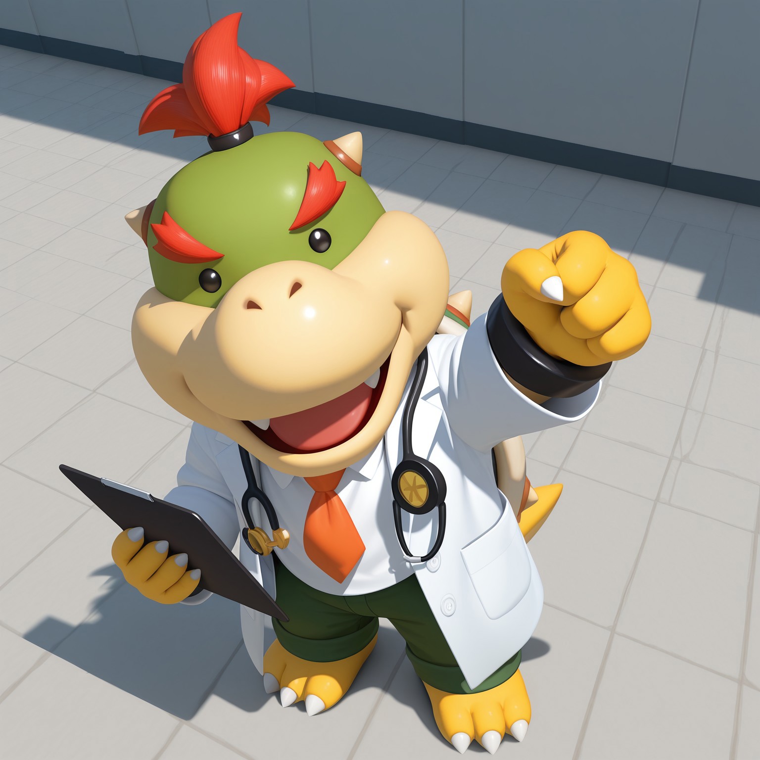 1boy, solo, Bowserjr, male, ponytail, red hair, no sclera, dot eyes, red eyebrows, black pupils, shelled, green spiked shell, small tail, neckerchief, black bracelets, scalie, yellow skin, green head, claws, toe claws, 3 toes, small horns, (green stethoscope, lab coat, white inner shirt, white shirt collar, orange tie, green pants)

BREAK open mouth smile, holding clipboard, facing viewer, doctor office, from above, standing, music note

BREAK best quality, amazing quality, very aesthetic, absurdres, newest, masterpiece 