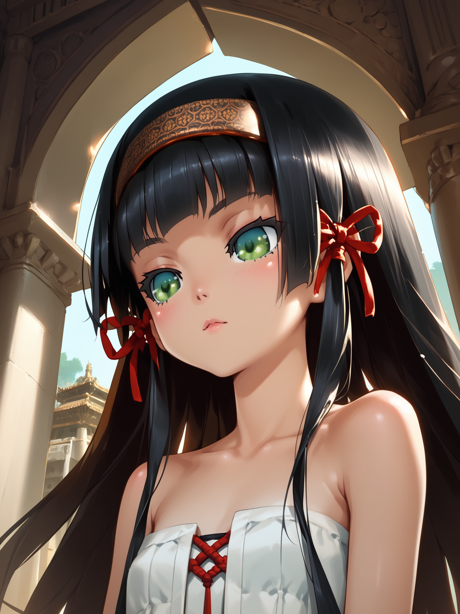 (upper body, solo focus:1.2) <lora:happy_tentacle-renge-v0.2-000016:0.9>, ht_renge, hair ribbon, hairband, black hair (petite:1.2), <lora:Shed_The_Skin's StS_age_slider_v1_initial_release:-1> ( (strapless :1.1) :1.1) ( , , ( :1.2) , , (looking down:1.2) :1.2) , (temple :1.2) ( :0.8) score_9, score_8_up, score_7_up, score_6_up, score_5_up, score_4_up, ( :1) <lora:LUUNA's Lunas-NijiJourney-SDXL-B2:0.35>, nijijourney <lora:prgfrg23's Counterfeit-V3.0 Style SDXL_LoRA_Pony Diffusion V6 XL:0.5> <lora:mfcg's mfcgXL:0.12> <lora:reweik's gyokai(himehajime)_PonyXL_style_v01:0.14>