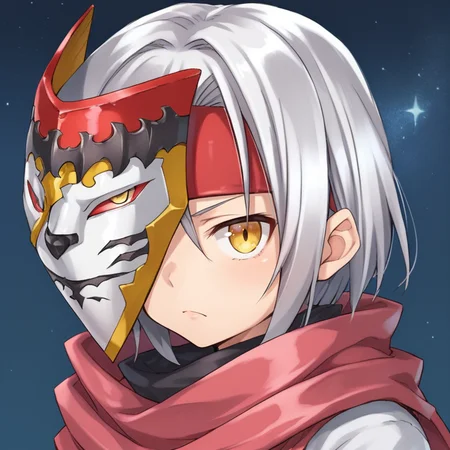 score_9, score_8_up, score_7_up, score_6_up, source_anime, BREAK, <lora:Zilva:0.70> , zildef, 1girl, short hair, grey hair, yellow eye, red headband, (mask over one eye), mask, holding mask, scarf, pink scarf, white sweater vest, white shirt, bodysuit under clothes, looking at viewer,  serious expression, closed mouth, clutter, (portrait), face,  <lora:zy_Detailed_Backgrounds_v1:0.6> , detailed background, highly detailed, night, stars.