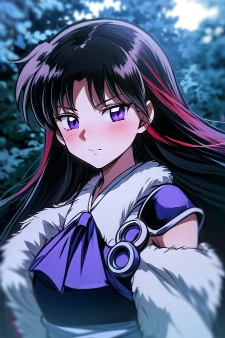 masterpiece, best quality 1girl Setsun4 solo long hair, (night time) forest background black hair very long hair purple eyes multicolored hair armor (fur trim) (medium body),<lora:EMS-179-EMS:0.800000>,<lora:EMS-293862-EMS:0.800000> bow, hair_bow, hair_tubes, red_bow, brown_hair, long_hair, bangs, ascot, frilled_bow, yellow_ascot, blush, smile, hair_between_eyes, athletic, armor, miko