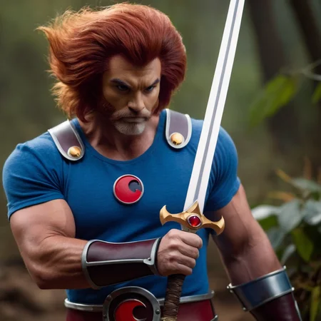 cinematic film still of  <lora:liono thundercats:1>
liono thundercats a man with a red hair and a blue shirt holding a legendary Sword of Omens, shallow depth of field, vignette, highly detailed, high budget, bokeh, cinemascope, moody, epic, gorgeous, film grain, grainy