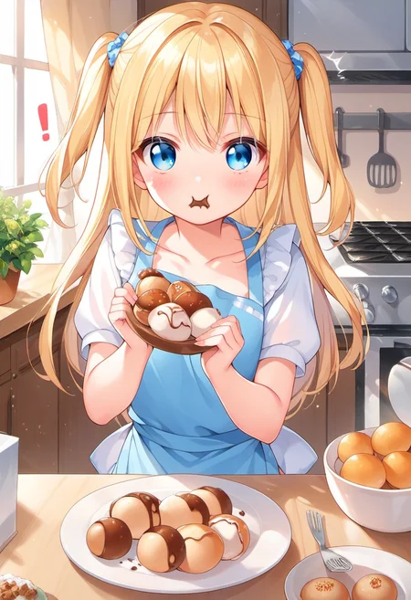 score_9, score_8_up, score_7_up, source_anime, 1girl, kitchen, apron, (eating sweets), (spoken exclamation mark:0.8), surprised, blush, table, two side up, short sleeves, blonde hair, blue eyes, looking at viewer