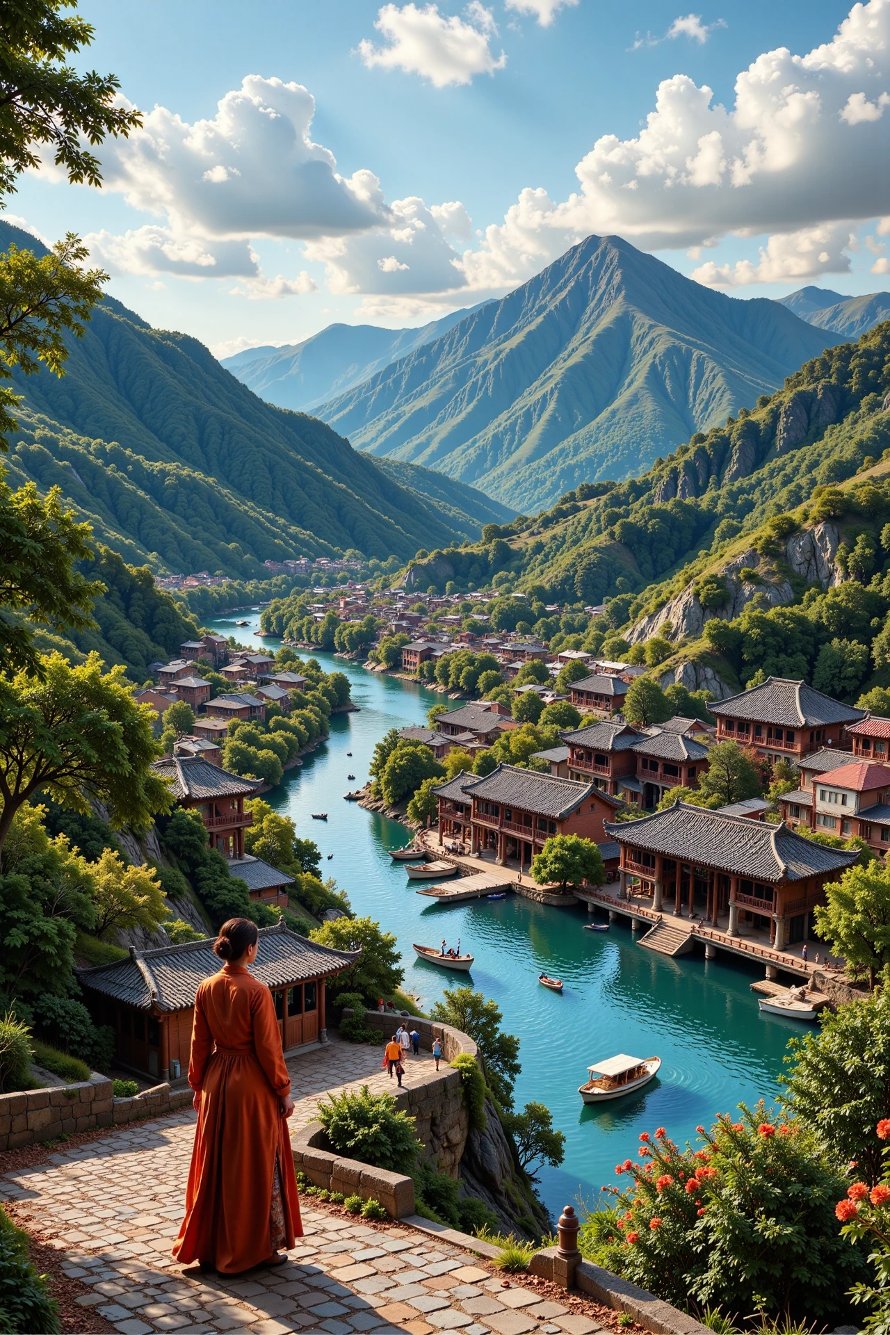 chinese town beautiful  landscape, noon, woman, very intricate, very detailed, sharp, bright, colorful, <lora:Hand v2:1> <lora:Anti-Blur:2><lora:Insane Detail Slider:0.5>  <lora:flux.1_lora_flyway_Epic-detail_v2:0.3><lora:fluxenhancer:0.5>